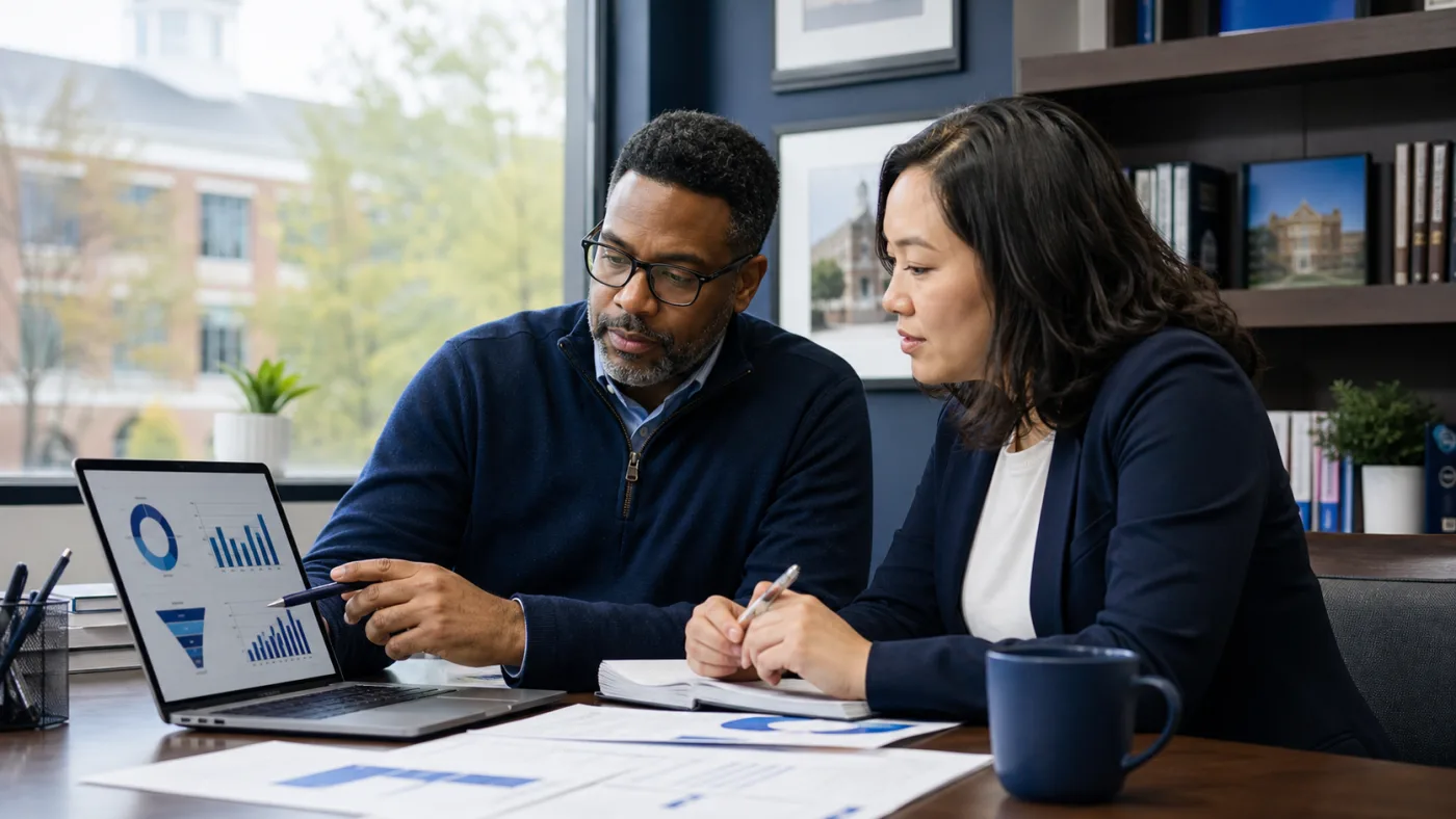 Higher-education marketing and enrollment leaders reviewing attribution performance