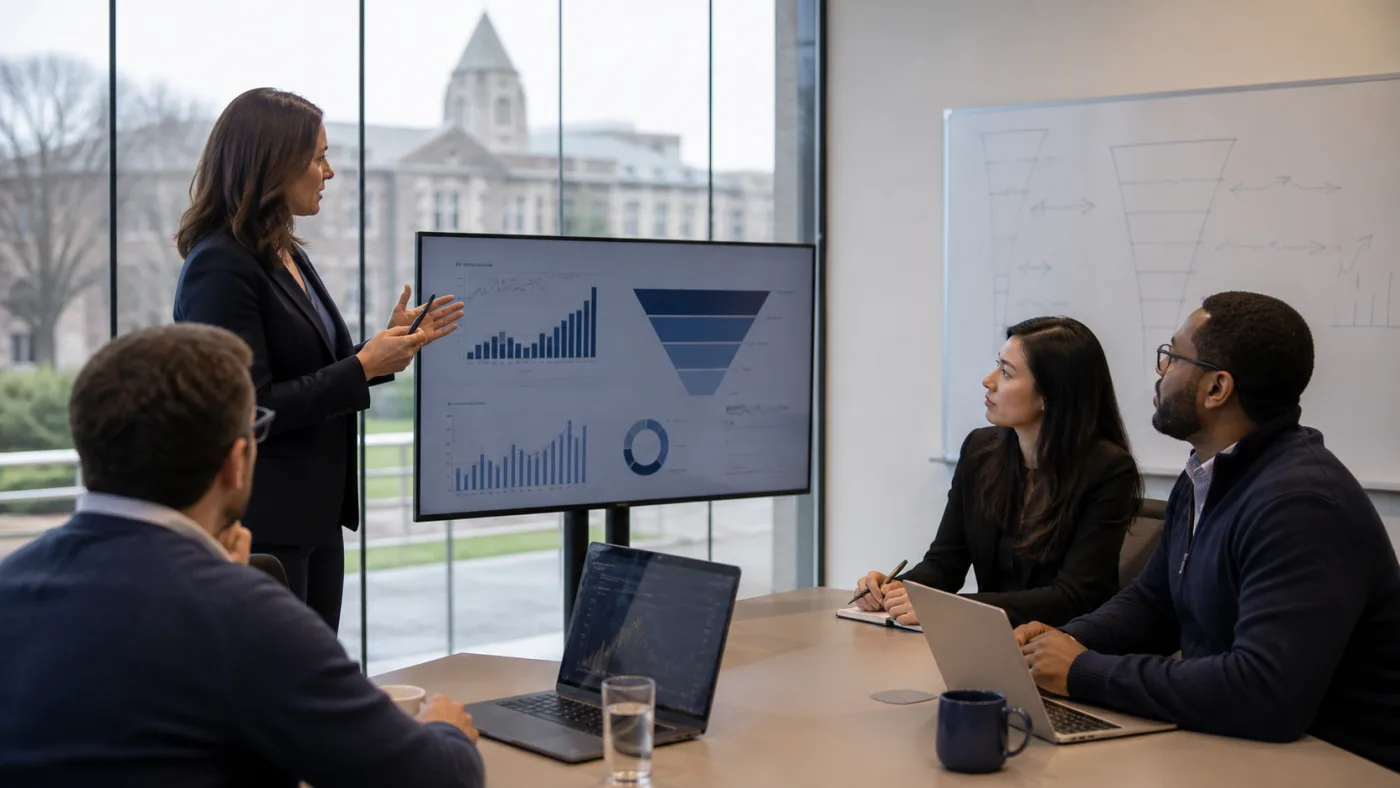 A higher-education leader presenting enrollment attribution findings to a cross-functional team