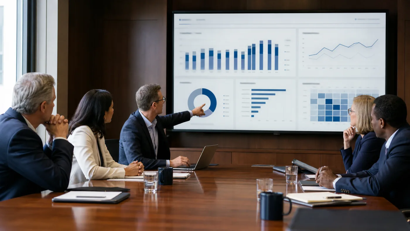Higher-education leadership team evaluating an enrollment dashboard demonstration