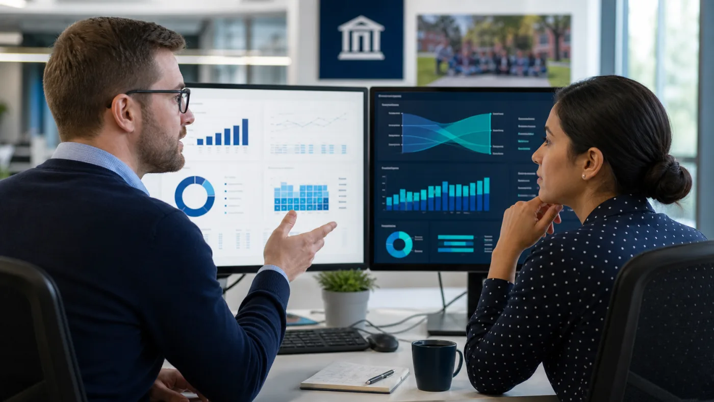 Advertising specialist and CRM manager comparing two measurement views