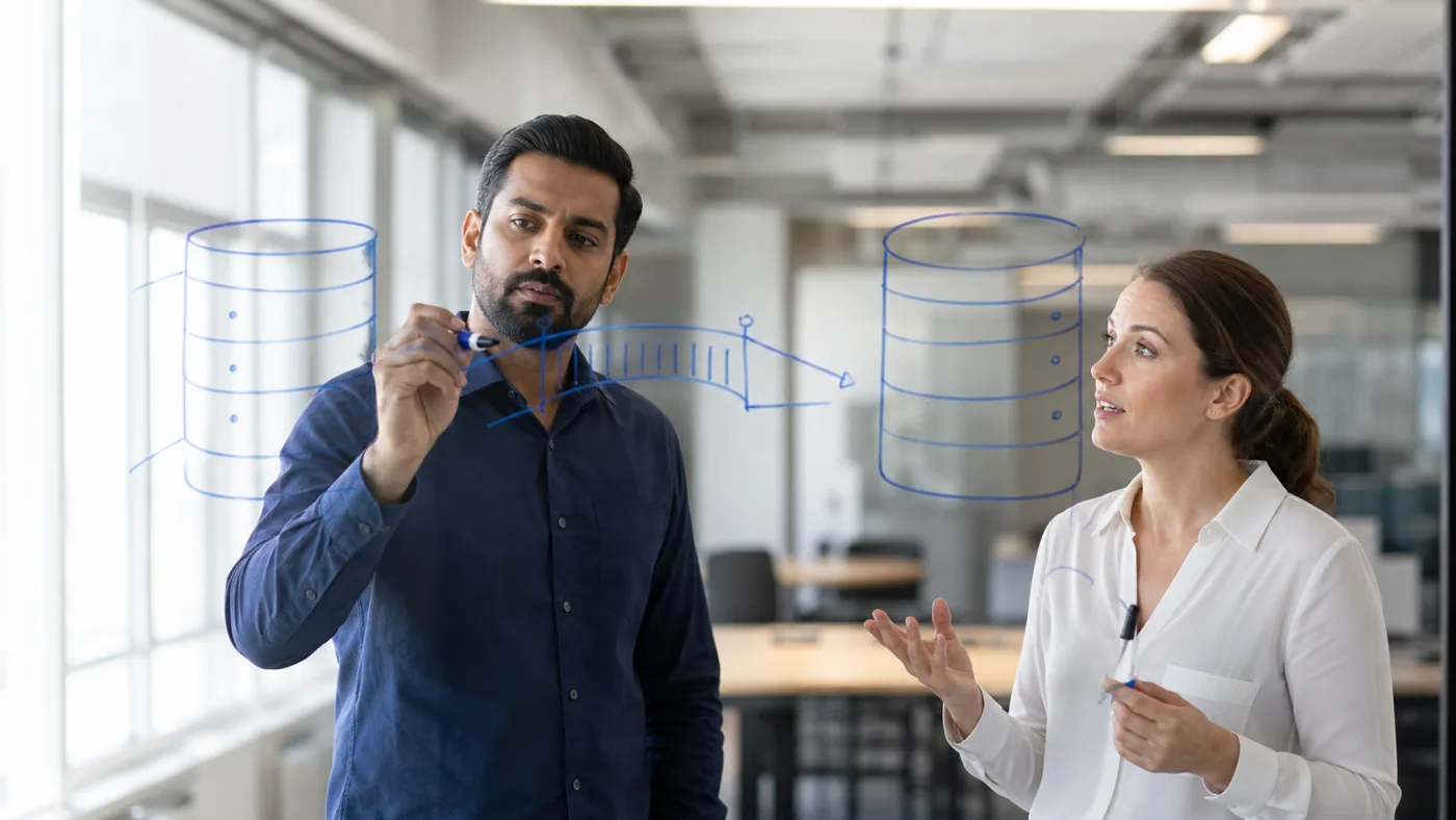 Marketing analyst explaining a data bridge between advertising and CRM systems