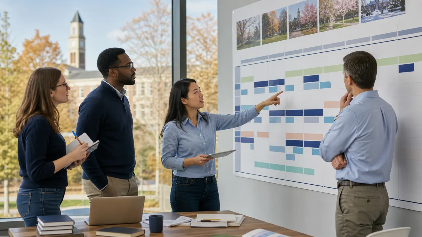 Enrollment planning team comparing seasonal recruitment timelines