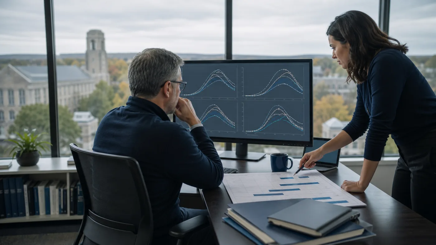 Enrollment analysts reviewing multiple years of seasonal curves