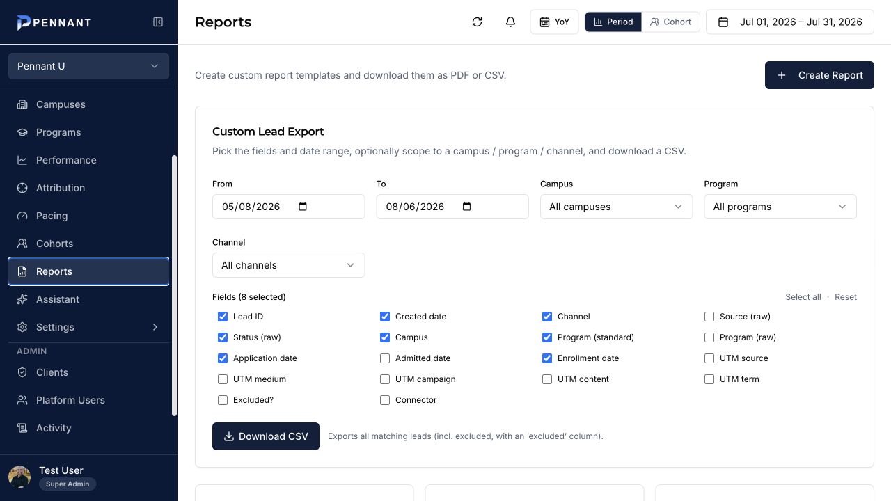 Pennant U reports and custom lead export view
